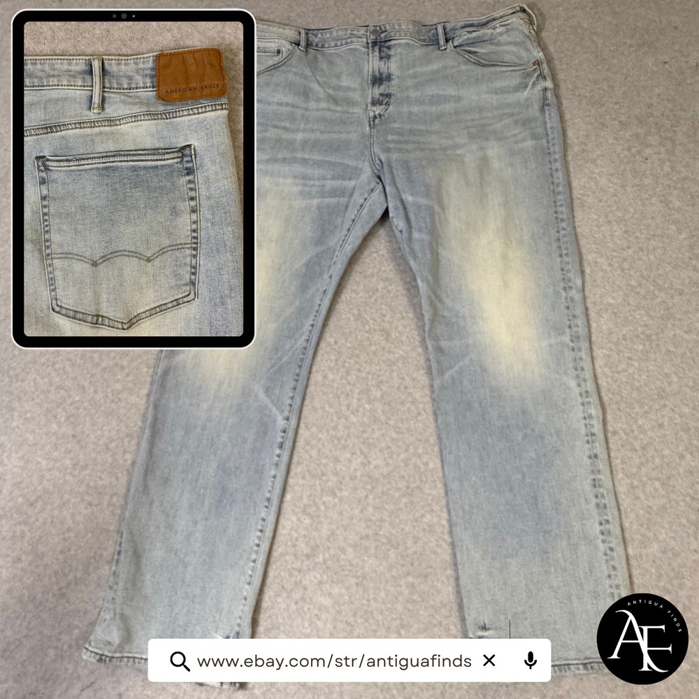American Eagle Original Straight Flex Light Wash Jeans Mens 48x34 Blue Denim